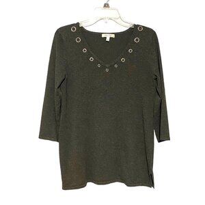 Spence V-Neck 3/4 Sleeve Tunic Sweater with Cut‎ Grommet Neckline Women’s Small